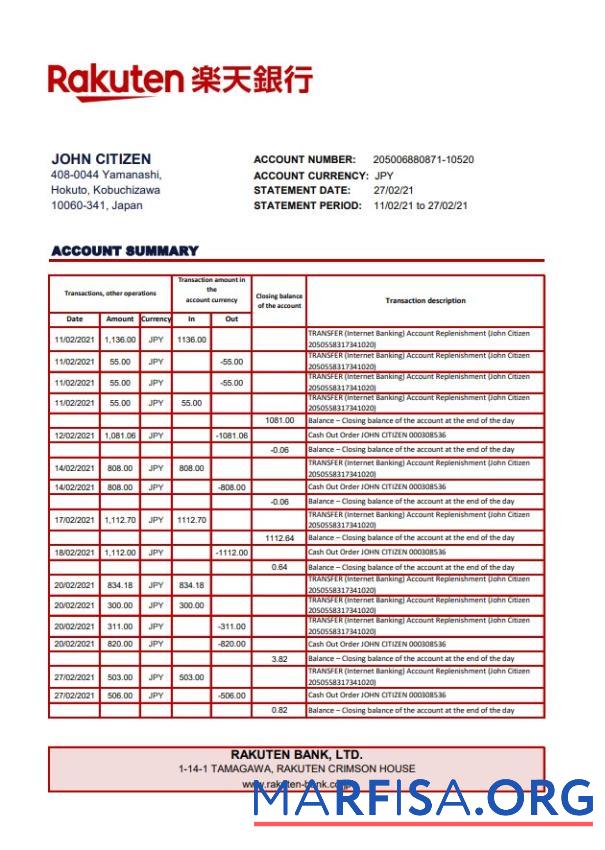 Printable Japan Rakuten bank statement excel sample